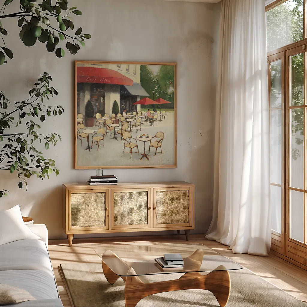 Cafe du Matin II by James Wiens. Shown in a natural wood frame in a cozy modern living room. Available as an archival giclee rolled canvas, fine art paper, or poster print. SKU 12515a.