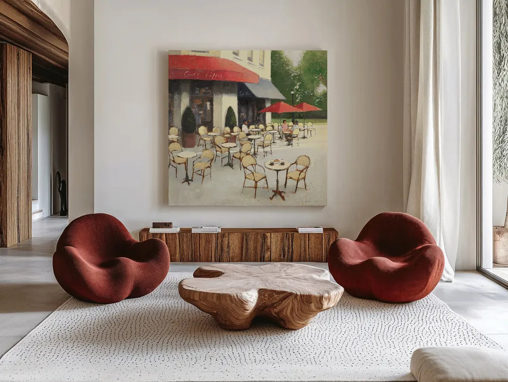 Cafe du Matin II by James Wiens. Shown as extra-large giant wall art in a modern living room. Available as an archival giclee rolled canvas, fine art paper, or poster print. SKU 12515a.