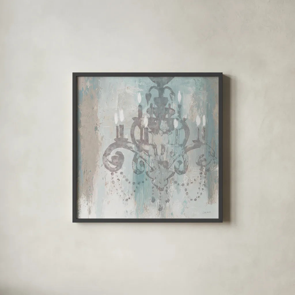 Candelabra Teal II by James Wiens. Shown in a sleek black glass frame for a contemporary gallery look. Available as an archival giclee rolled canvas, fine art paper, or poster print. SKU 14119a.
