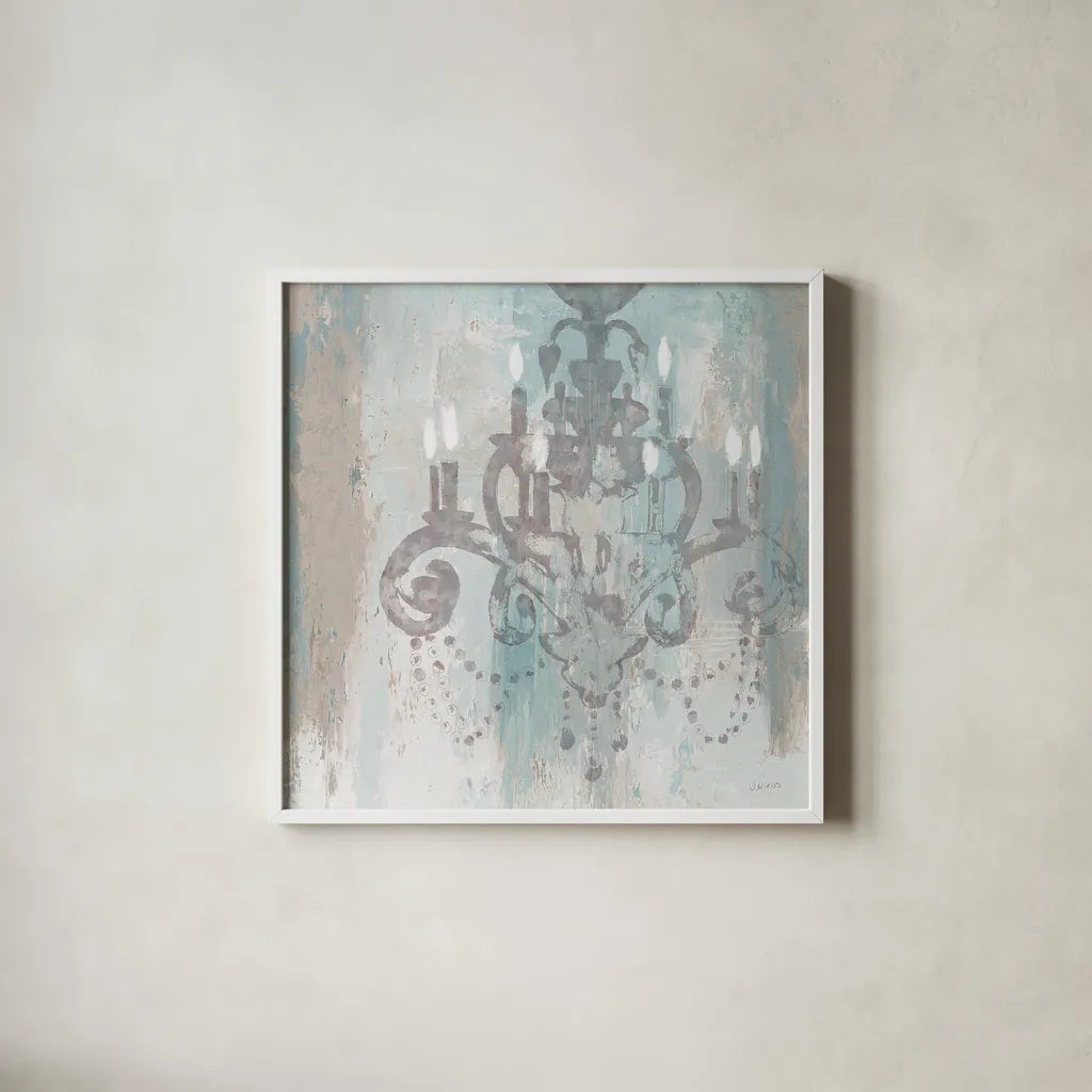Candelabra Teal II by James Wiens. Shown in a crisp white glass frame for a clean and minimalist style. Available as an archival giclee rolled canvas, fine art paper, or poster print. SKU 14119a.