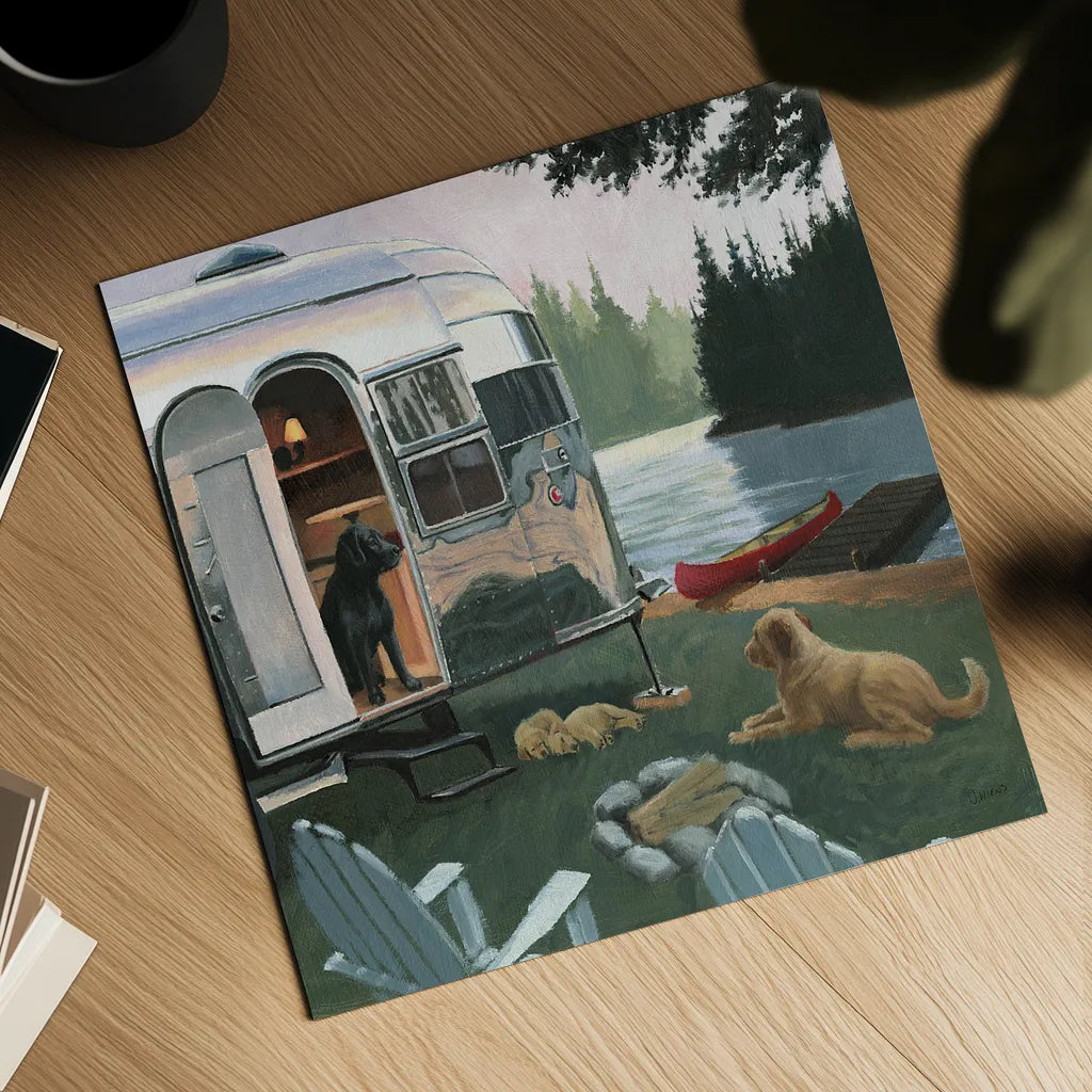 Canine Camp by James Wiens. Shown as a detailed flat fine art print, highlighting archival giclee quality. Available as an archival giclee rolled canvas, fine art paper, or poster print. SKU 33401a.