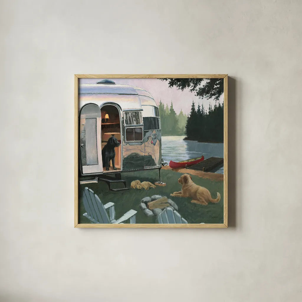 Canine Camp by James Wiens. Shown in a natural wood glass frame for a timeless modern aesthetic. Available as an archival giclee rolled canvas, fine art paper, or poster print. SKU 33401a.