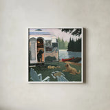 Canine Camp by James Wiens. Shown in a crisp white glass frame for a clean and minimalist style. Available as an archival giclee rolled canvas, fine art paper, or poster print. SKU 33401a.
