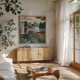 Canine Camp by James Wiens. Shown in a natural wood frame in a cozy modern living room. Available as an archival giclee rolled canvas, fine art paper, or poster print. SKU 33401a.