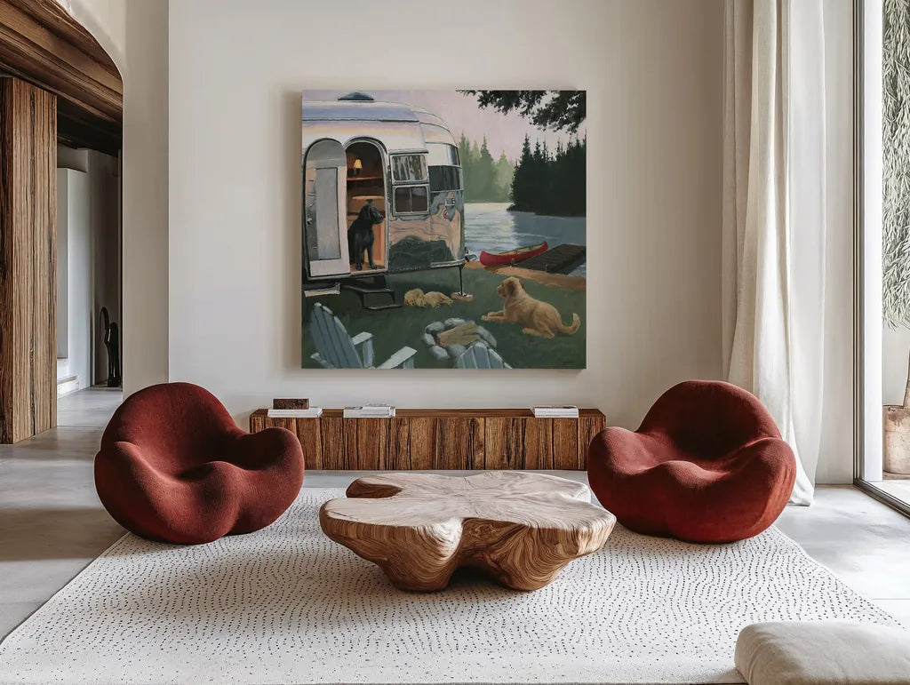 Canine Camp by James Wiens. Shown as extra-large giant wall art in a modern living room. Available as an archival giclee rolled canvas, fine art paper, or poster print. SKU 33401a.