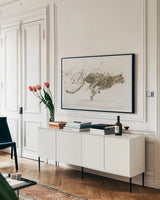 Cheetah v.2 by James Wiens. shown as a framed stretched canvas in a living room above a console. Available as a archival giclee rolled canvas, fine art paper, or poster print. SKU 22186i.