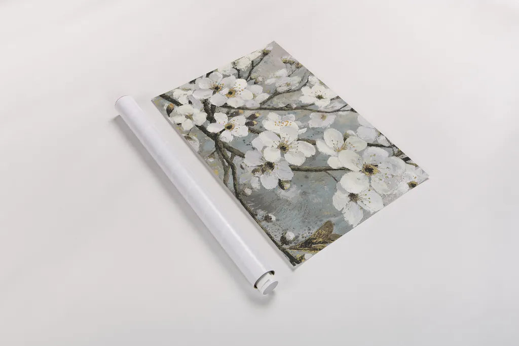 Cherry Blossoms I Blue by James Wiens. shown as a rolled paper print. Available as archival giclee rolled canvas, fine art paper, or poster print. SKU 17842i.