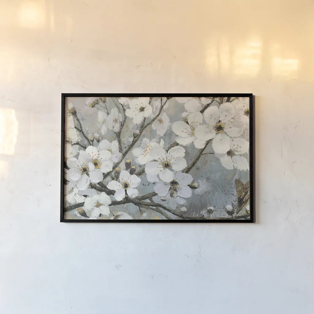 Cherry Blossoms I Blue by James Wiens. shown as a paper print in a black flame. Available as a archival giclee rolled canvas, fine art paper, or poster print. SKU 17842i.