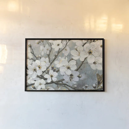 Cherry Blossoms I Blue by James Wiens. shown as a paper print in a black flame. Available as a archival giclee rolled canvas, fine art paper, or poster print. SKU 17842i.