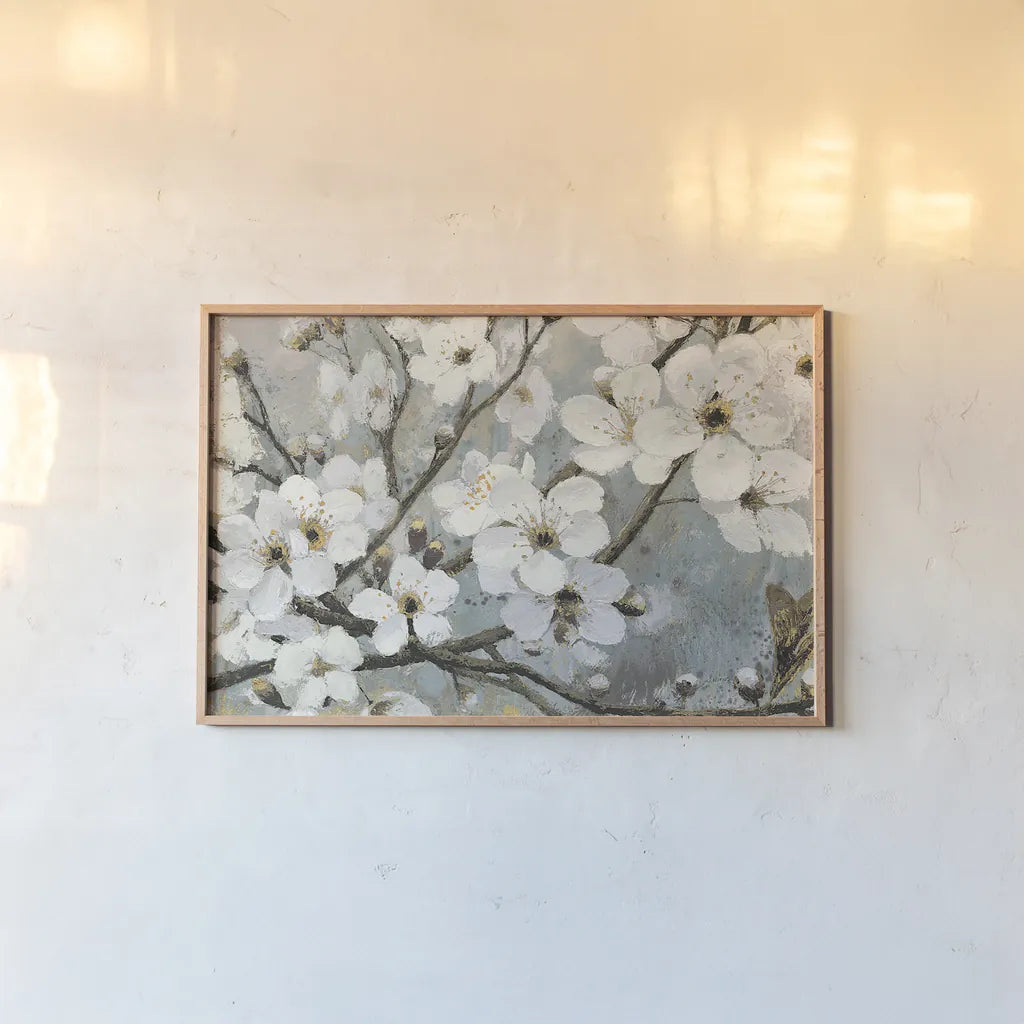 Cherry Blossoms I Blue by James Wiens. shown as a paper print in a natural frame. Available as a archival giclee rolled canvas, fine art paper, or poster print. SKU 17842i.