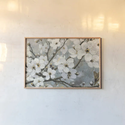 Cherry Blossoms I Blue by James Wiens. shown as a paper print in a natural frame. Available as a archival giclee rolled canvas, fine art paper, or poster print. SKU 17842i.