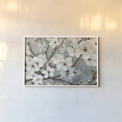 Cherry Blossoms I Blue by James Wiens. shown as a paper print in a white frame. Available as a archival giclee rolled canvas, fine art paper, or poster print. SKU 17842i.