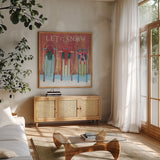 Christmas Affinity IX by James Wiens. Shown in a natural wood frame in a cozy modern living room. Available as an archival giclee rolled canvas, fine art paper, or poster print. SKU 42605a.