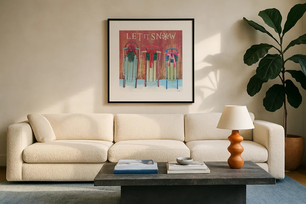 Christmas Affinity IX by James Wiens. Displayed in a glass frame with matte in a clean modern living room. Available as an archival giclee rolled canvas, fine art paper, or poster print. SKU 42605a.
