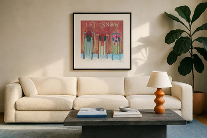 Christmas Affinity IX by James Wiens. Displayed in a glass frame with matte in a clean modern living room. Available as an archival giclee rolled canvas, fine art paper, or poster print. SKU 42605a.