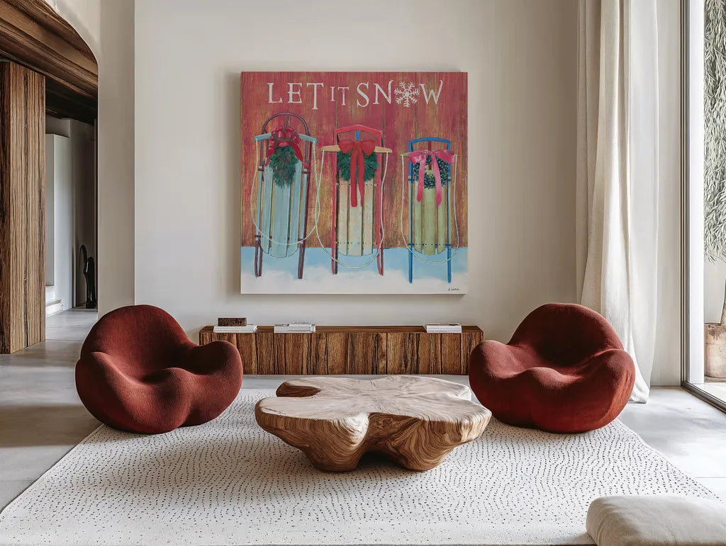 Christmas Affinity IX by James Wiens. Shown as extra-large giant wall art in a modern living room. Available as an archival giclee rolled canvas, fine art paper, or poster print. SKU 42605a.