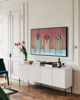 Christmas Affinity V by James Wiens. shown as a framed stretched canvas in a living room above a console. Available as a archival giclee rolled canvas, fine art paper, or poster print. SKU 42601i.