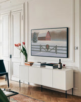 Christmas Affinity VI by James Wiens. shown as a framed stretched canvas in a living room above a console. Available as a archival giclee rolled canvas, fine art paper, or poster print. SKU 42602i.