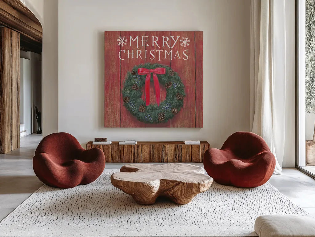 Christmas Affinity VII by James Wiens. Shown as extra-large giant wall art in a modern living room. Available as an archival giclee rolled canvas, fine art paper, or poster print. SKU 42603a.