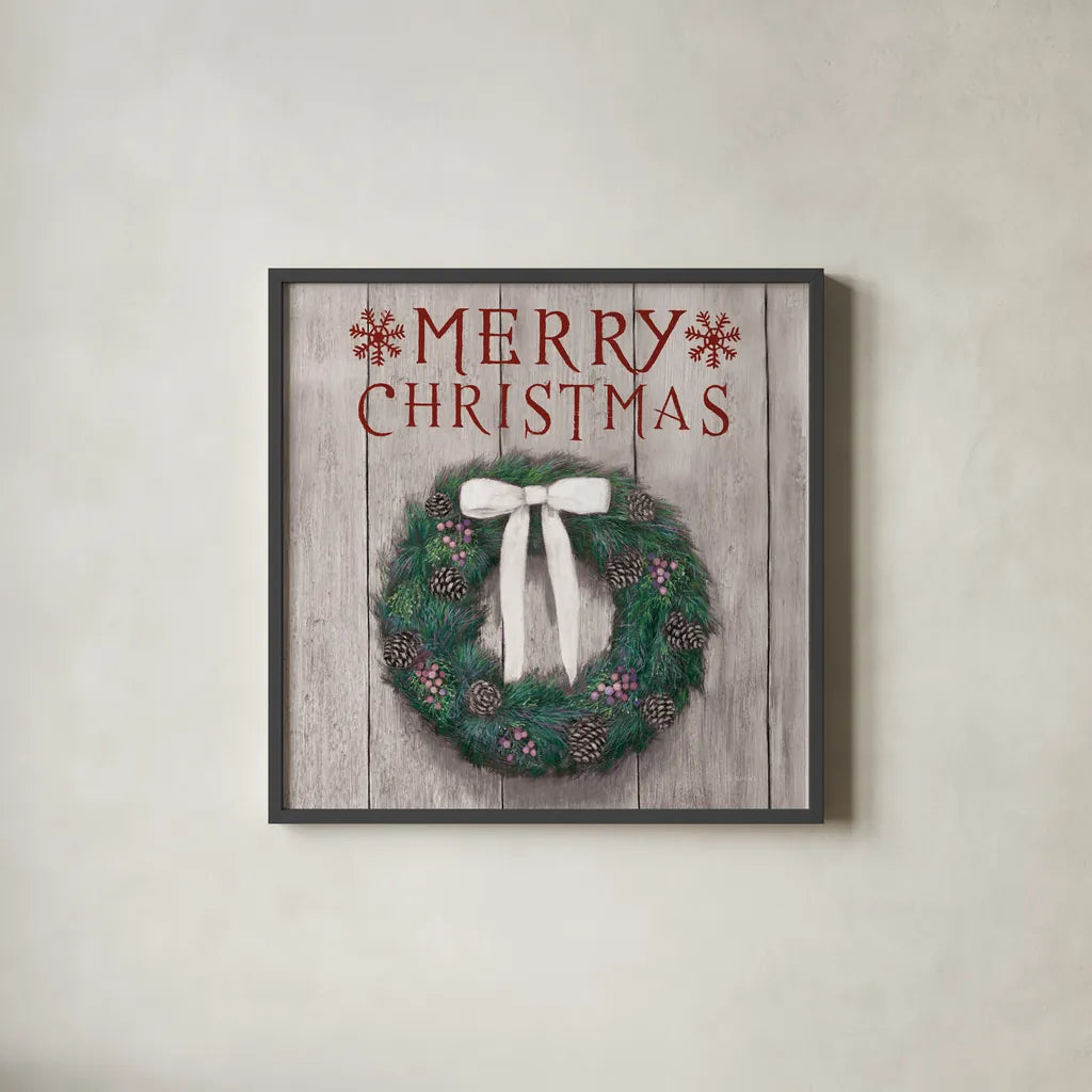 Christmas Affinity VII on Gray Wood by James Wiens. Shown in a sleek black glass frame for a contemporary gallery look. Available as an archival giclee rolled canvas, fine art paper, or poster print. SKU 66805a.