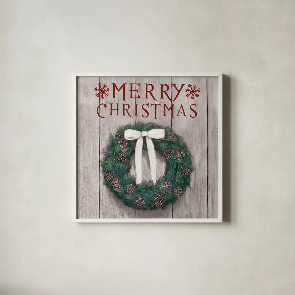 Christmas Affinity VII on Gray Wood by James Wiens. Shown in a crisp white glass frame for a clean and minimalist style. Available as an archival giclee rolled canvas, fine art paper, or poster print. SKU 66805a.