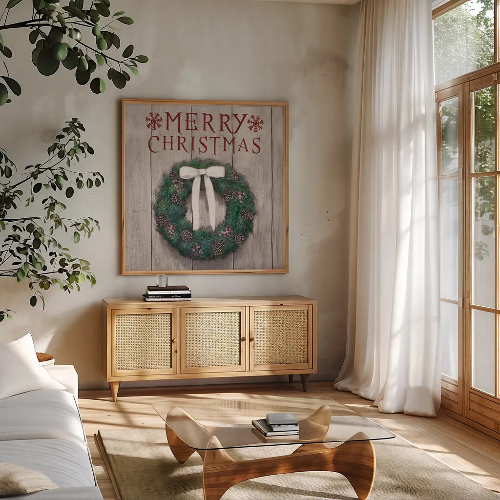 Christmas Affinity VII on Gray Wood by James Wiens. Shown in a natural wood frame in a cozy modern living room. Available as an archival giclee rolled canvas, fine art paper, or poster print. SKU 66805a.