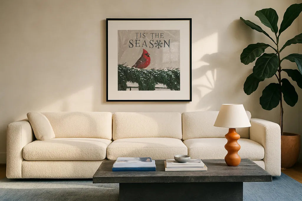Christmas Affinity X by James Wiens. Displayed in a glass frame with matte in a clean modern living room. Available as an archival giclee rolled canvas, fine art paper, or poster print. SKU 42606a.