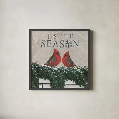 Christmas Affinity X Two Birds by James Wiens. Shown in a sleek black glass frame for a contemporary gallery look. Available as an archival giclee rolled canvas, fine art paper, or poster print. SKU 47615a.