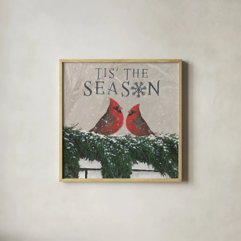 Christmas Affinity X Two Birds by James Wiens. Shown in a natural wood glass frame for a timeless modern aesthetic. Available as an archival giclee rolled canvas, fine art paper, or poster print. SKU 47615a.