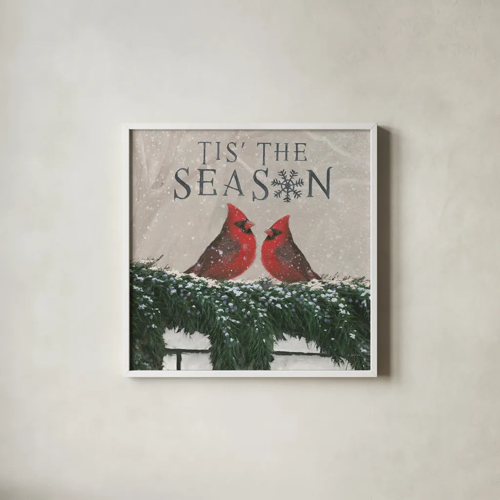 Christmas Affinity X Two Birds by James Wiens. Shown in a crisp white glass frame for a clean and minimalist style. Available as an archival giclee rolled canvas, fine art paper, or poster print. SKU 47615a.