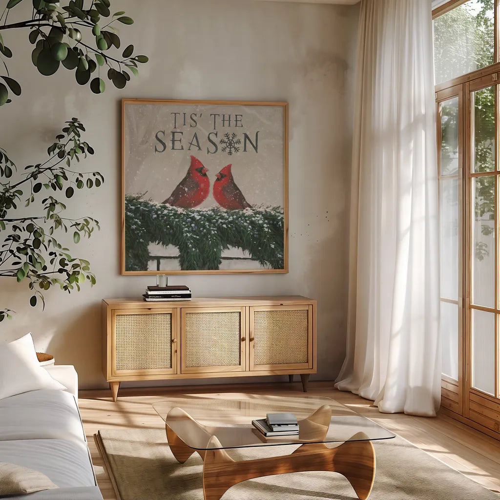 Christmas Affinity X Two Birds by James Wiens. Shown in a natural wood frame in a cozy modern living room. Available as an archival giclee rolled canvas, fine art paper, or poster print. SKU 47615a.
