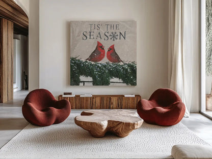 Christmas Affinity X Two Birds by James Wiens. Shown as extra-large giant wall art in a modern living room. Available as an archival giclee rolled canvas, fine art paper, or poster print. SKU 47615a.