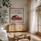 Christmas Affinity XI by James Wiens. Shown in a natural wood frame in a cozy modern living room. Available as an archival giclee rolled canvas, fine art paper, or poster print. SKU 42607a.