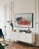 Christmas Farm I by James Wiens. shown as a framed stretched canvas in a living room above a console. Available as a archival giclee rolled canvas, fine art paper, or poster print. SKU 71003i.
