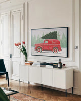 Christmas Farm II by James Wiens. shown as a framed stretched canvas in a living room above a console. Available as a archival giclee rolled canvas, fine art paper, or poster print. SKU 71004i.