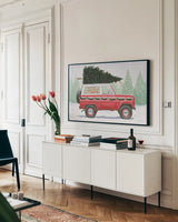 Christmas Farm III by James Wiens. shown as a framed stretched canvas in a living room above a console. Available as a archival giclee rolled canvas, fine art paper, or poster print. SKU 71005i.