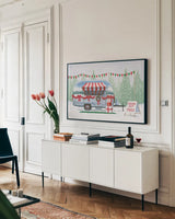Christmas Farm IV by James Wiens. shown as a framed stretched canvas in a living room above a console. Available as a archival giclee rolled canvas, fine art paper, or poster print. SKU 71006i.