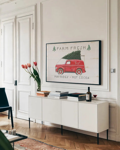 Christmas Farm VI by James Wiens. shown as a framed stretched canvas in a living room above a console. Available as a archival giclee rolled canvas, fine art paper, or poster print. SKU 71008i.