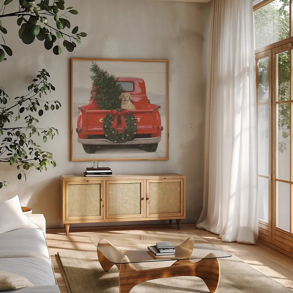 Christmas in the Heartland IV Crop by James Wiens. Shown in a natural wood frame in a cozy modern living room. Available as an archival giclee rolled canvas, fine art paper, or poster print. SKU 27854a.