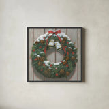 Christmas in the Heartland Wreath by James Wiens. Shown in a sleek black glass frame for a contemporary gallery look. Available as an archival giclee rolled canvas, fine art paper, or poster print. SKU 65420a.