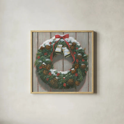 Christmas in the Heartland Wreath by James Wiens. Shown in a natural wood glass frame for a timeless modern aesthetic. Available as an archival giclee rolled canvas, fine art paper, or poster print. SKU 65420a.