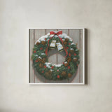 Christmas in the Heartland Wreath by James Wiens. Shown in a crisp white glass frame for a clean and minimalist style. Available as an archival giclee rolled canvas, fine art paper, or poster print. SKU 65420a.