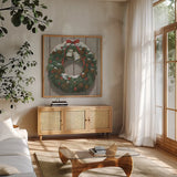 Christmas in the Heartland Wreath by James Wiens. Shown in a natural wood frame in a cozy modern living room. Available as an archival giclee rolled canvas, fine art paper, or poster print. SKU 65420a.