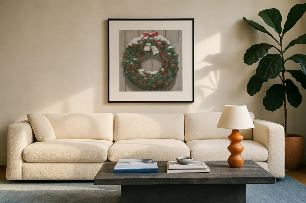 Christmas in the Heartland Wreath by James Wiens. Displayed in a glass frame with matte in a clean modern living room. Available as an archival giclee rolled canvas, fine art paper, or poster print. SKU 65420a.
