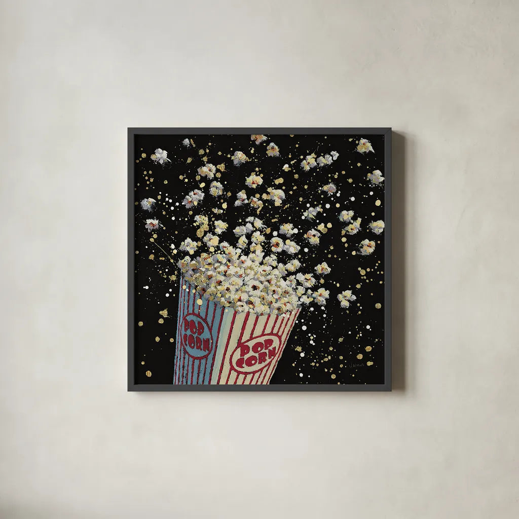 Cinema Pop by James Wiens. Shown in a sleek black glass frame for a contemporary gallery look. Available as an archival giclee rolled canvas, fine art paper, or poster print. SKU 15477a.