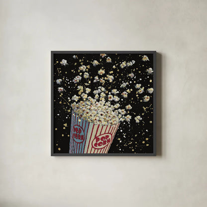 Cinema Pop by James Wiens. Shown in a sleek black glass frame for a contemporary gallery look. Available as an archival giclee rolled canvas, fine art paper, or poster print. SKU 15477a.