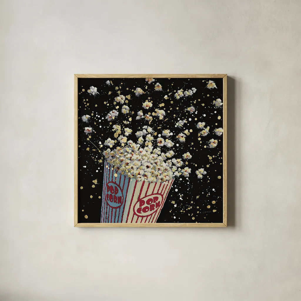 Cinema Pop by James Wiens. Shown in a natural wood glass frame for a timeless modern aesthetic. Available as an archival giclee rolled canvas, fine art paper, or poster print. SKU 15477a.