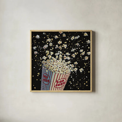 Cinema Pop by James Wiens. Shown in a natural wood glass frame for a timeless modern aesthetic. Available as an archival giclee rolled canvas, fine art paper, or poster print. SKU 15477a.