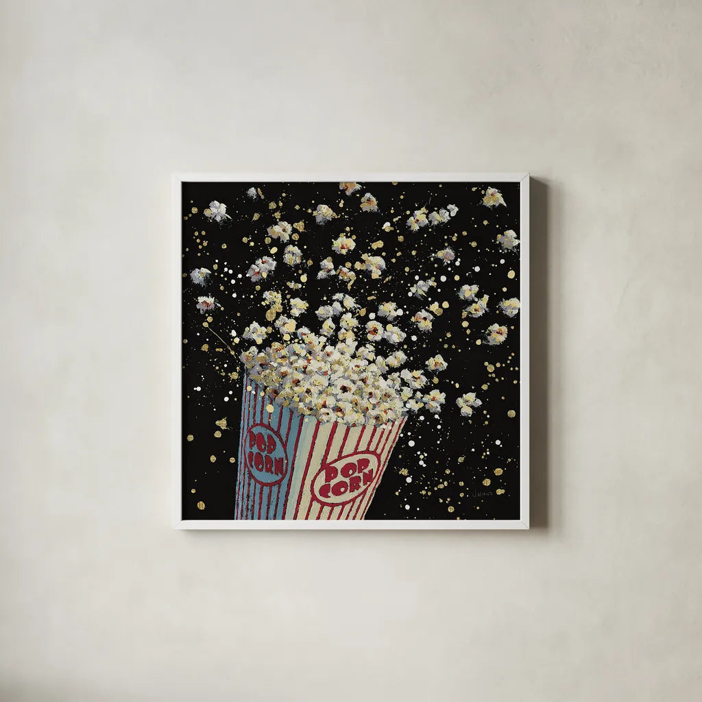 Cinema Pop by James Wiens. Shown in a crisp white glass frame for a clean and minimalist style. Available as an archival giclee rolled canvas, fine art paper, or poster print. SKU 15477a.