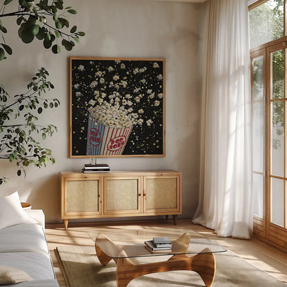 Cinema Pop by James Wiens. Shown in a natural wood frame in a cozy modern living room. Available as an archival giclee rolled canvas, fine art paper, or poster print. SKU 15477a.